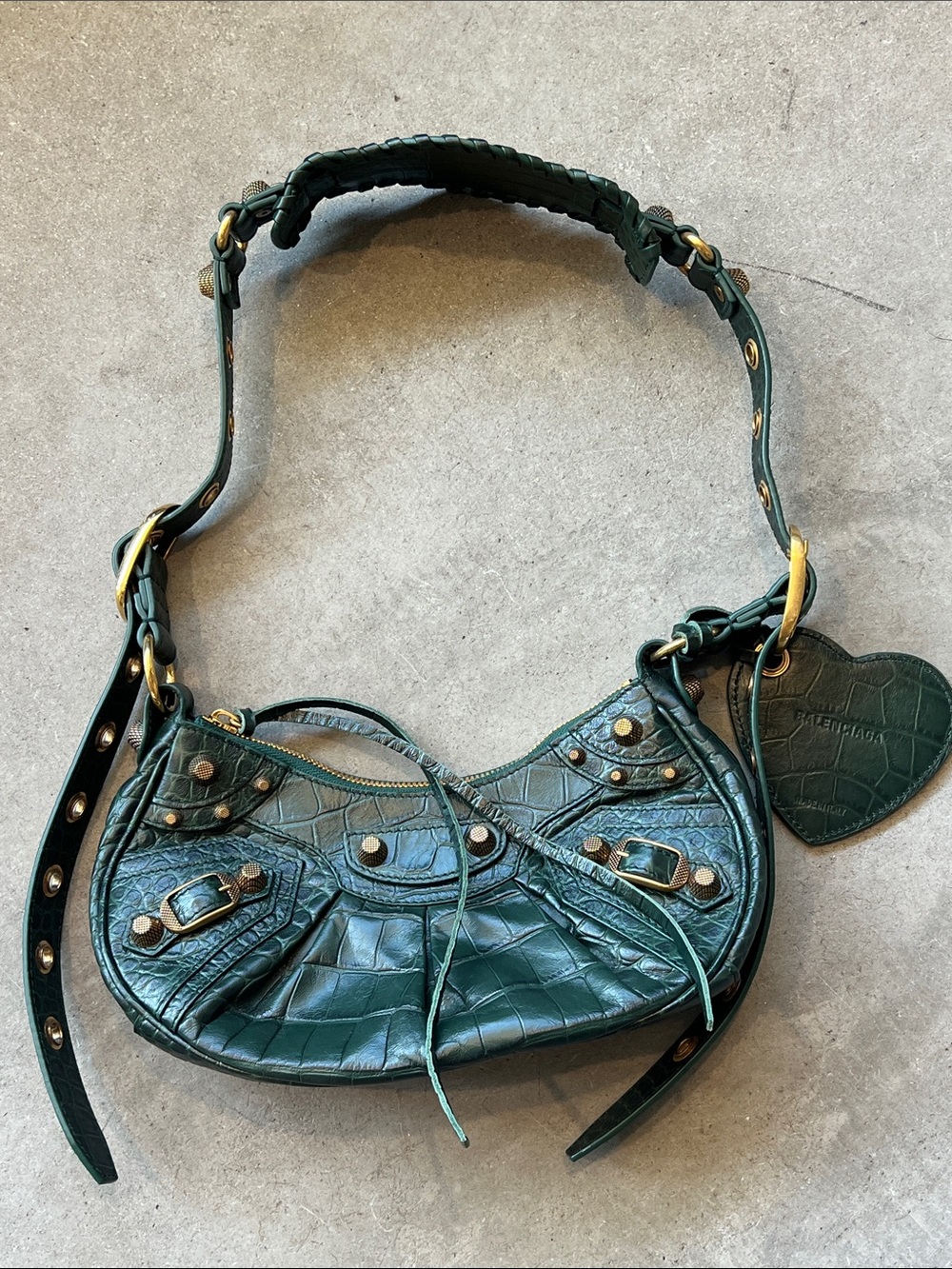 Balenciaga Forest Green Croc-Embossed Shoulder Bag with Heart Mirror